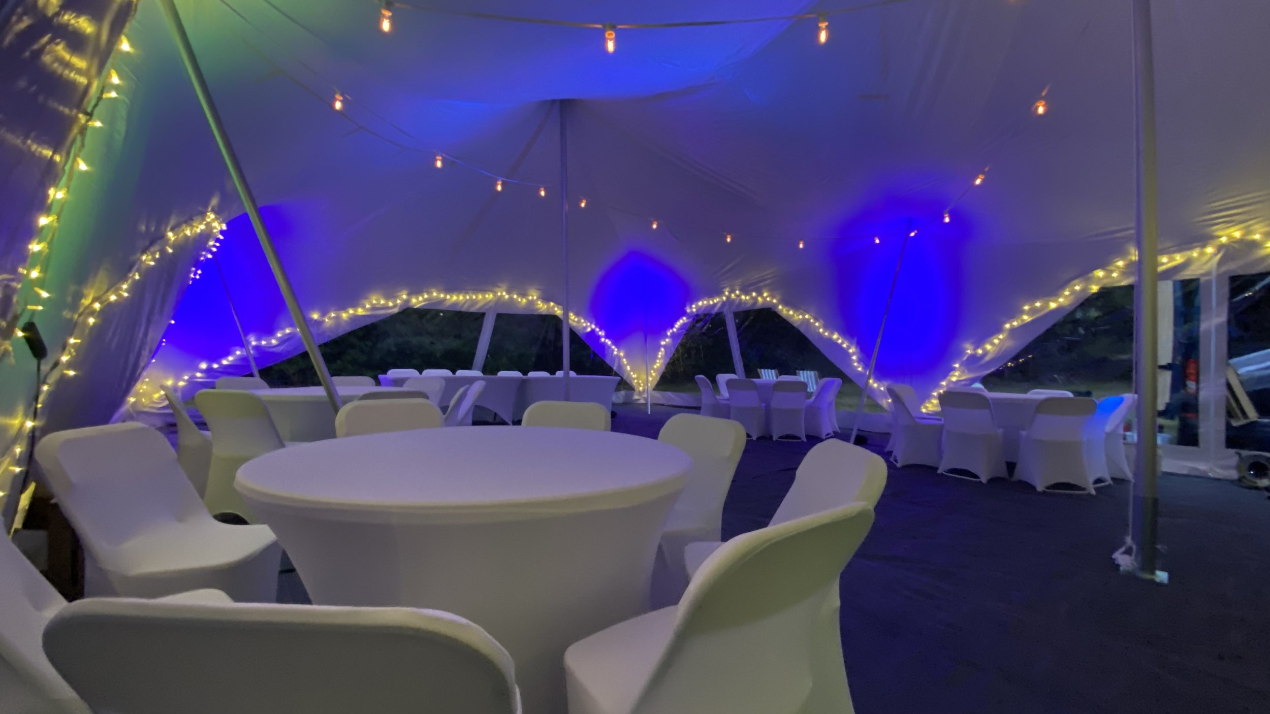 28x38ft Espree Marque Hire garden party wedding event  fairy lights festoons tables chairs flooring