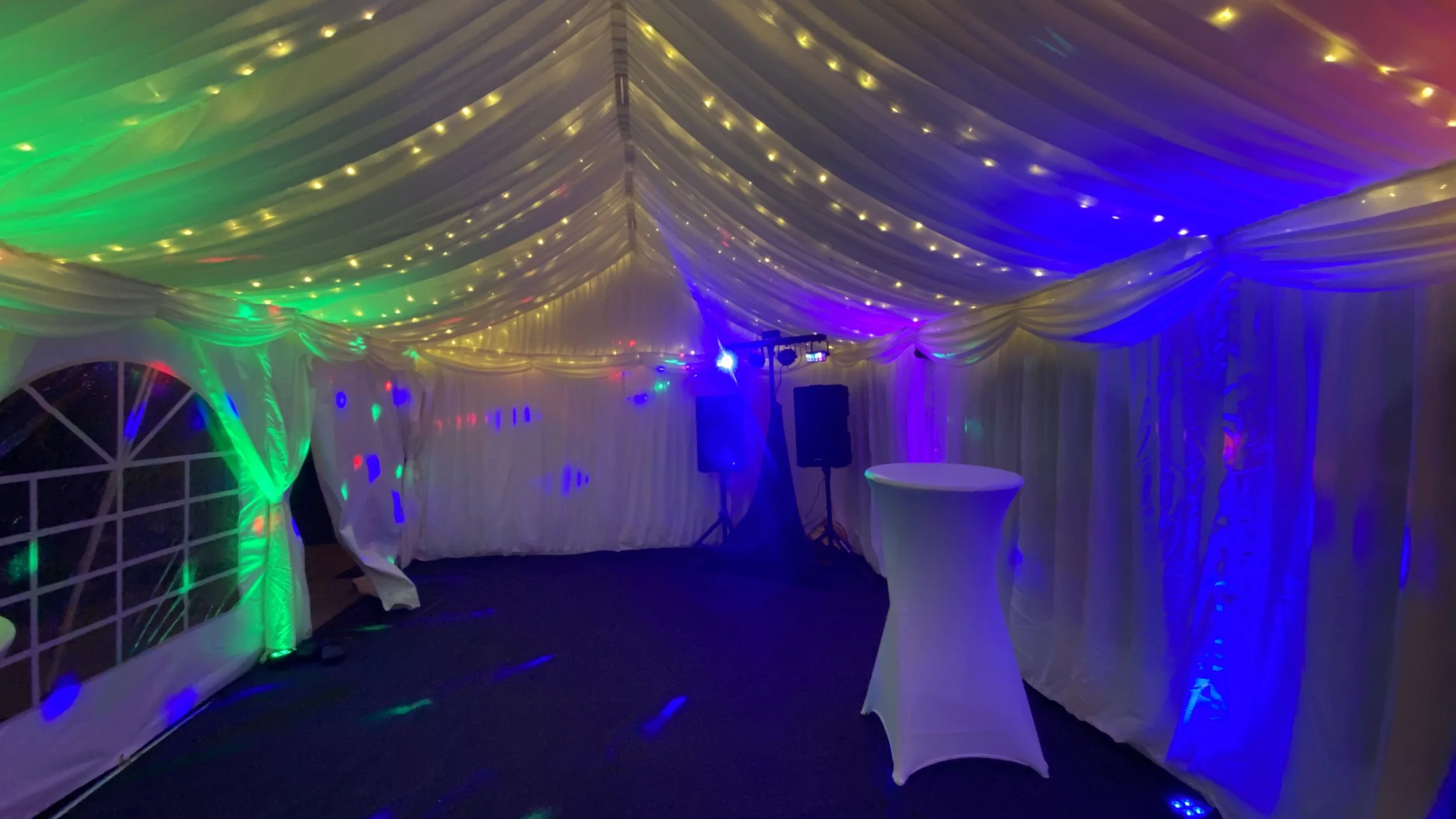 3x6m frame marquee hire garden party wedding event flooring colour light fairy lights festoons drapes disco music speaker