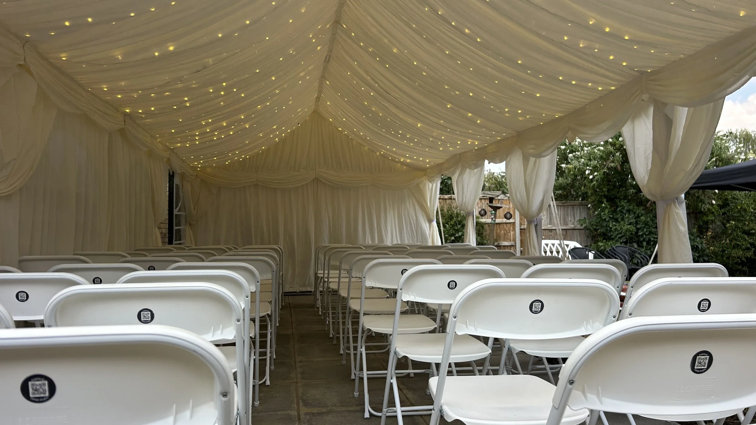 28x38ft Espree Marque Hire garden party wedding event fairy lights festoons tables chairs flooring
