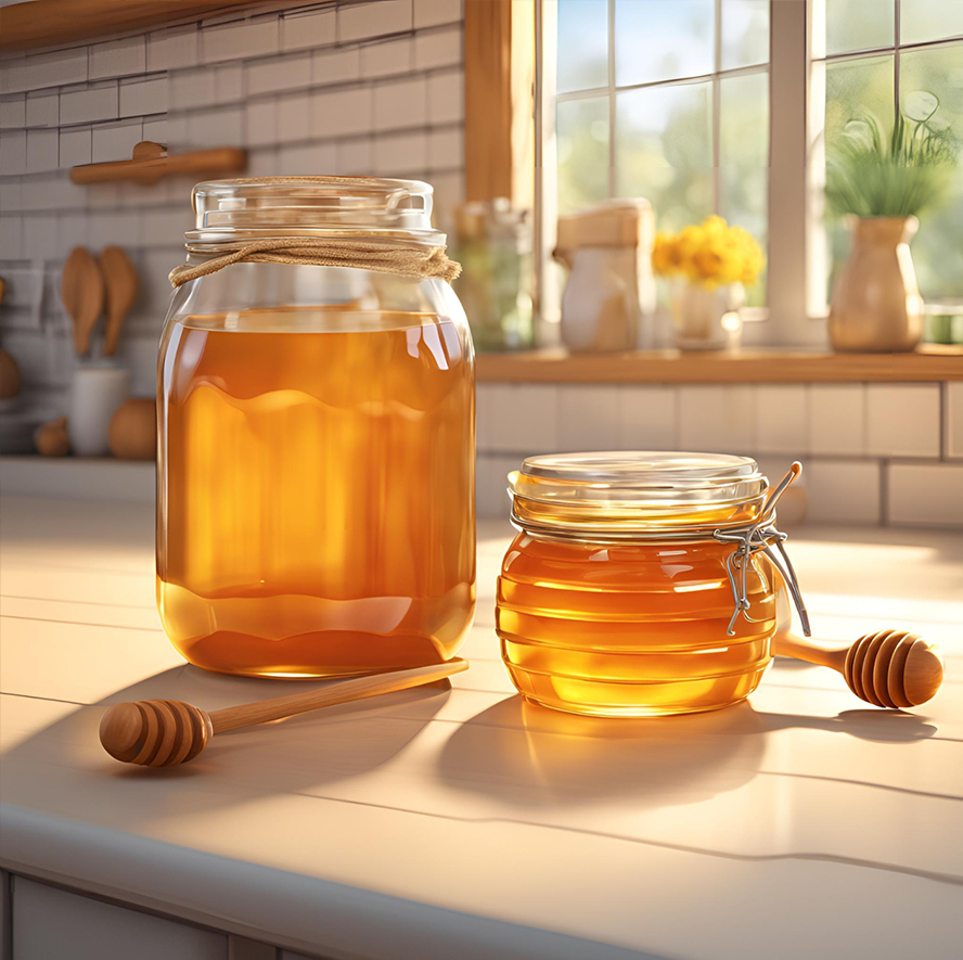 Two jars of honey with honey dippers on a white kitchen counter, sunlight streaming through a window in the background.