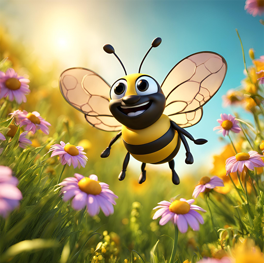 Animated cartoon bee flying in a field of pink daisies with a bright blue sky and sunlight in the background.
