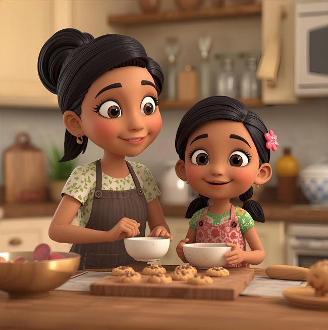 Animated woman and girl baking cookies together in a kitchen.