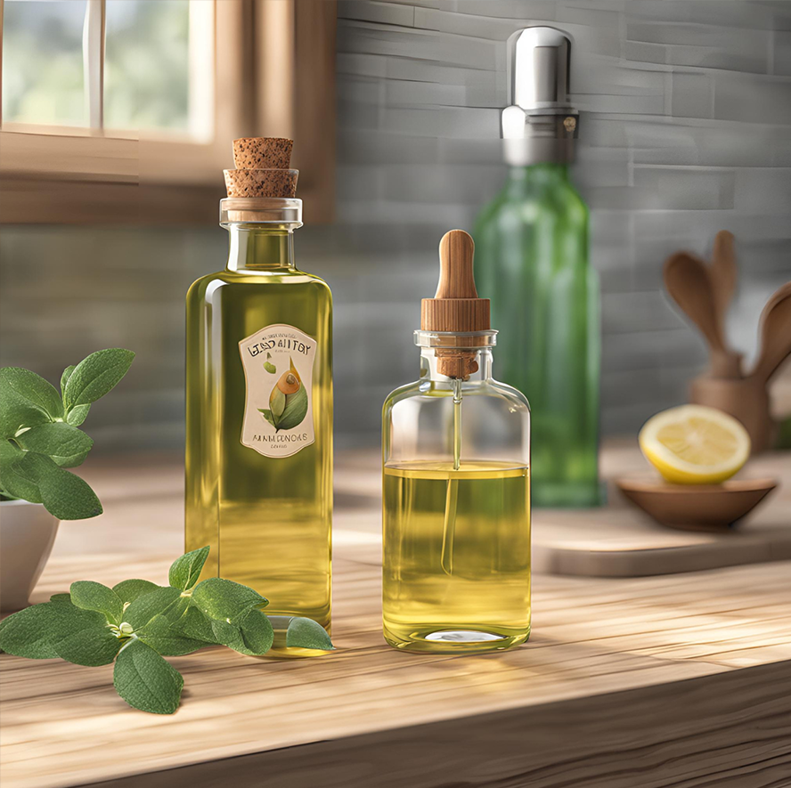 Bottles of olive oil on a wooden kitchen countertop with a lemon half, a potted herb, and a green soap dispenser in the background.