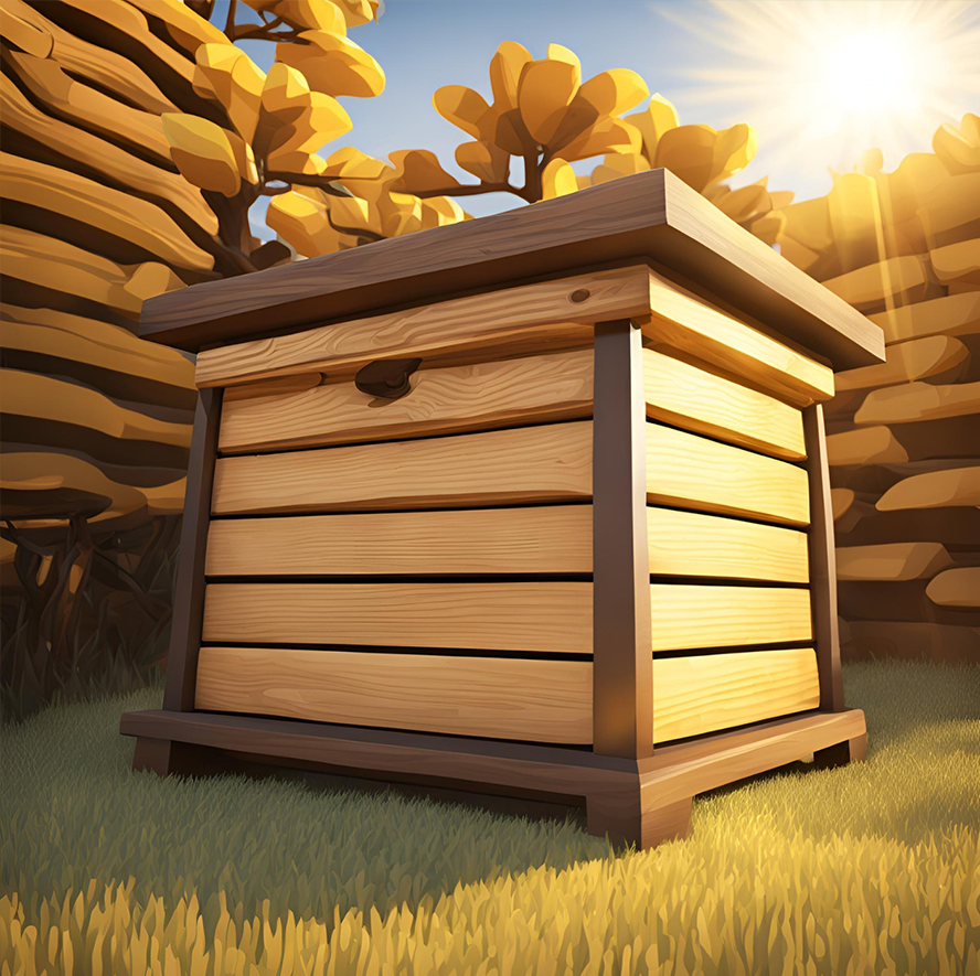A wooden beehive box outside during sunset, surrounded by trees and grass.