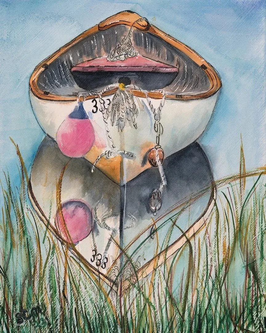 Watercolor painting of a weathered rowboat with rope and pink buoys resting among tall marsh grasses against a soft blue coastal background.