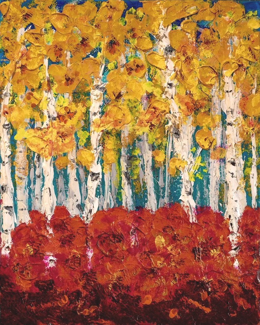 16x20 Original Fine Art Acrylic Textured Painting of a stand of aspen tree dressed in yellow foliage in an autumn forest.