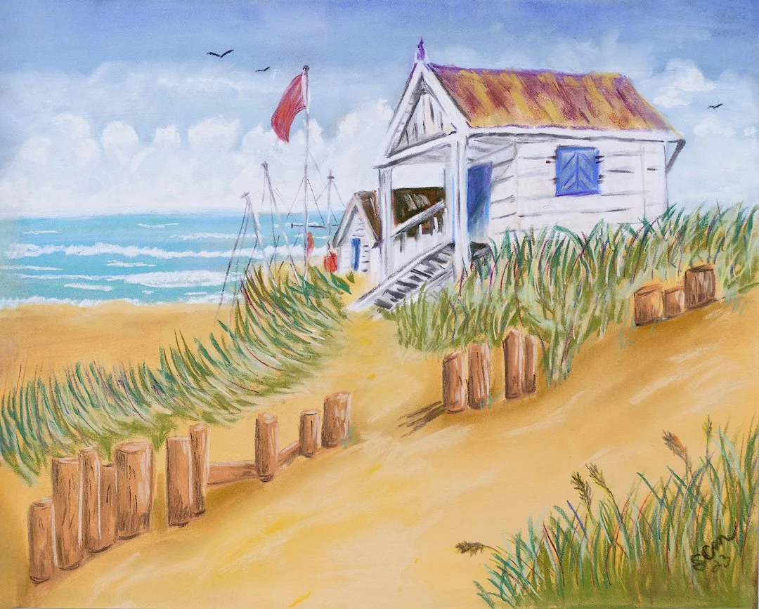 Pastel painting of a weathered white beach cottage nestled among golden sand dunes and sea grass, overlooking a calm blue ocean under a bright summer sky. A red flag flutters near the cottage while waves roll gently ashore, creating a peaceful coasta