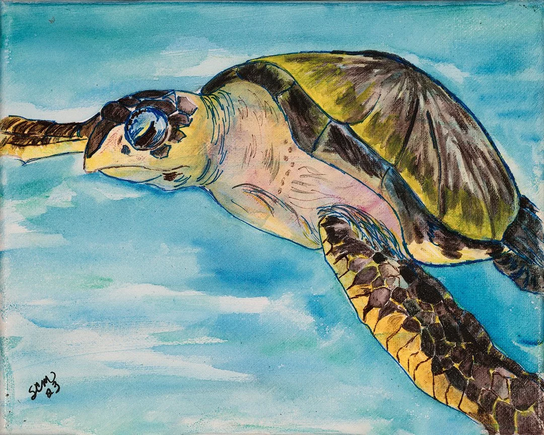 Sea turtle swimming beneath the water's surface, painted in watercolor with green, brown, and cream tones against a bright blue ocean background.