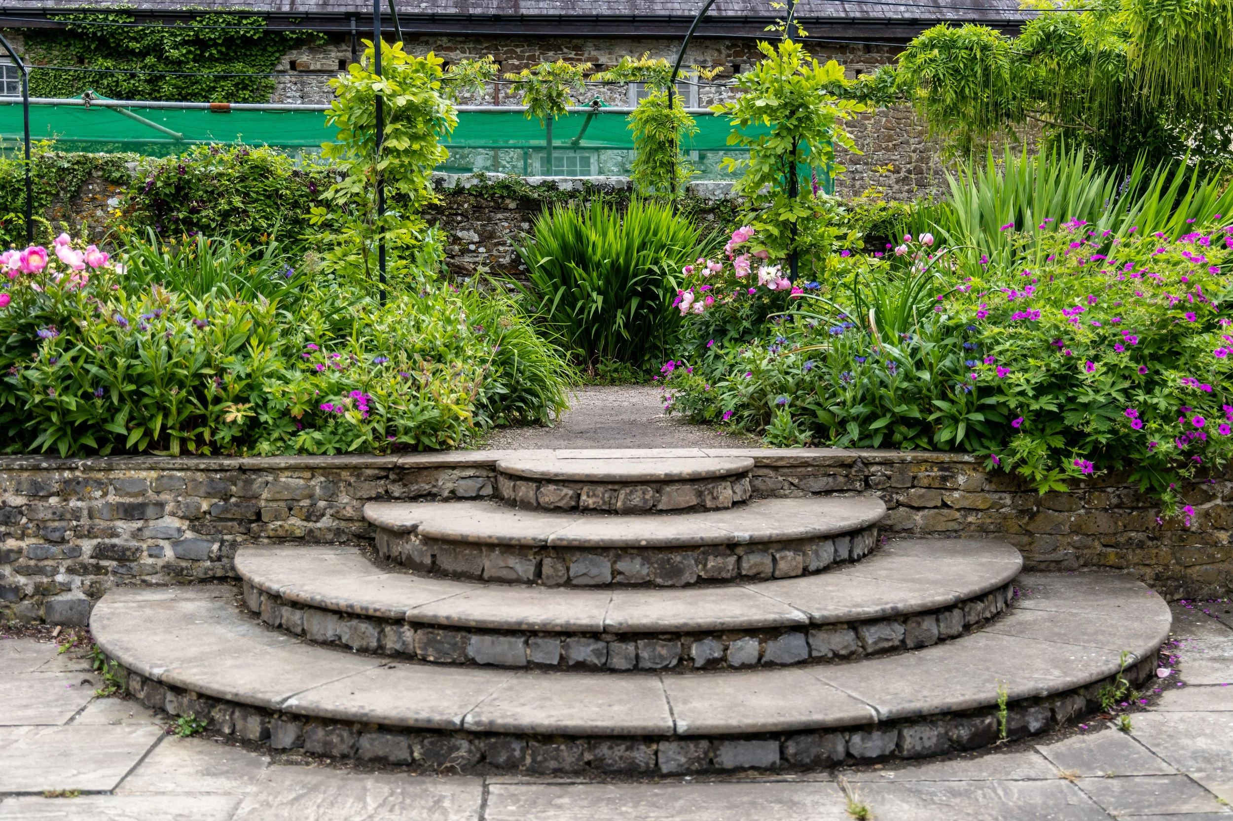 Stone steps leading to a garden with lush green plants and colorful flowers, backed by a stone wall and green fencing.