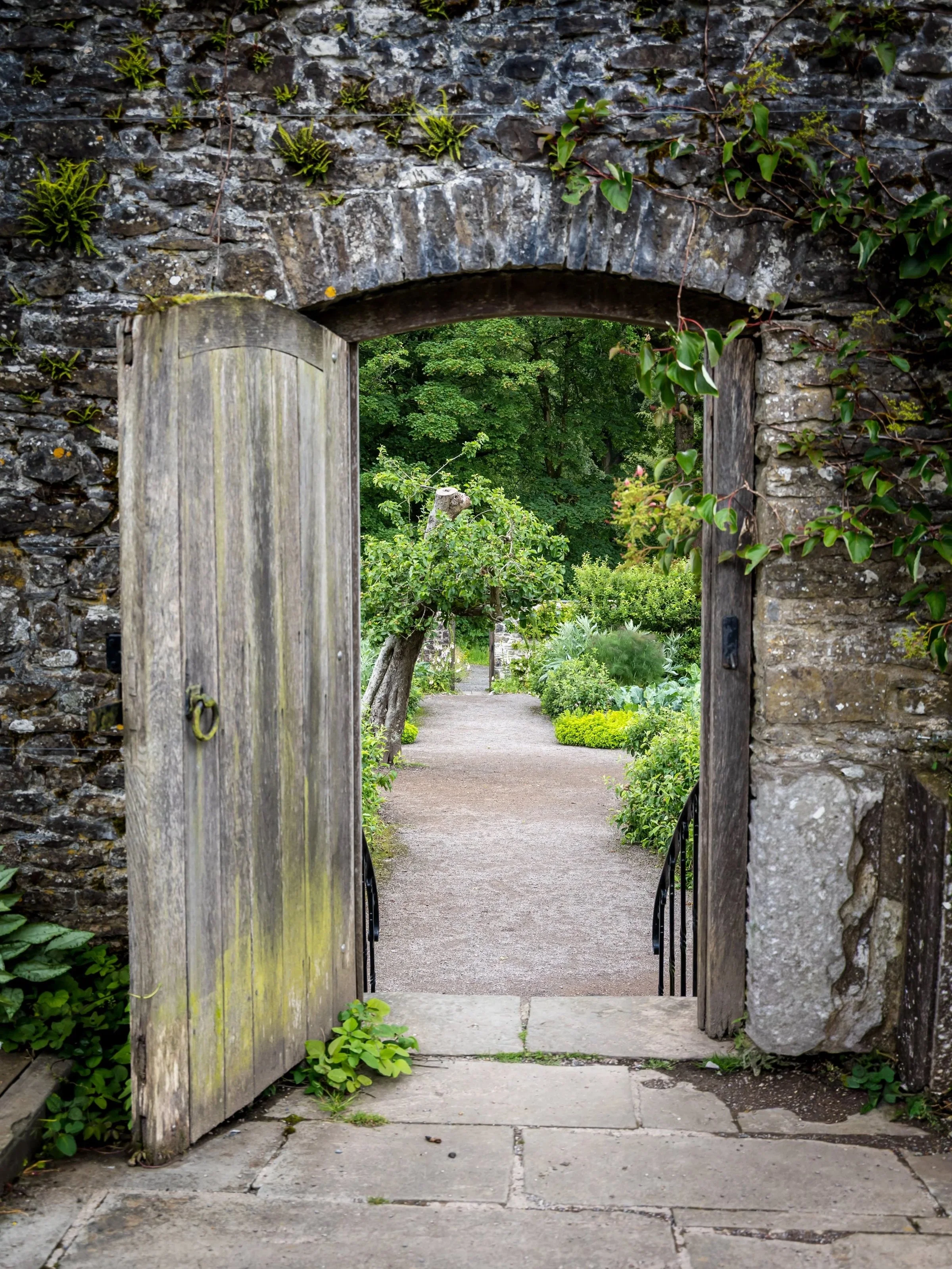 Open wooden gate leading to a lush garden with trees and bushes.