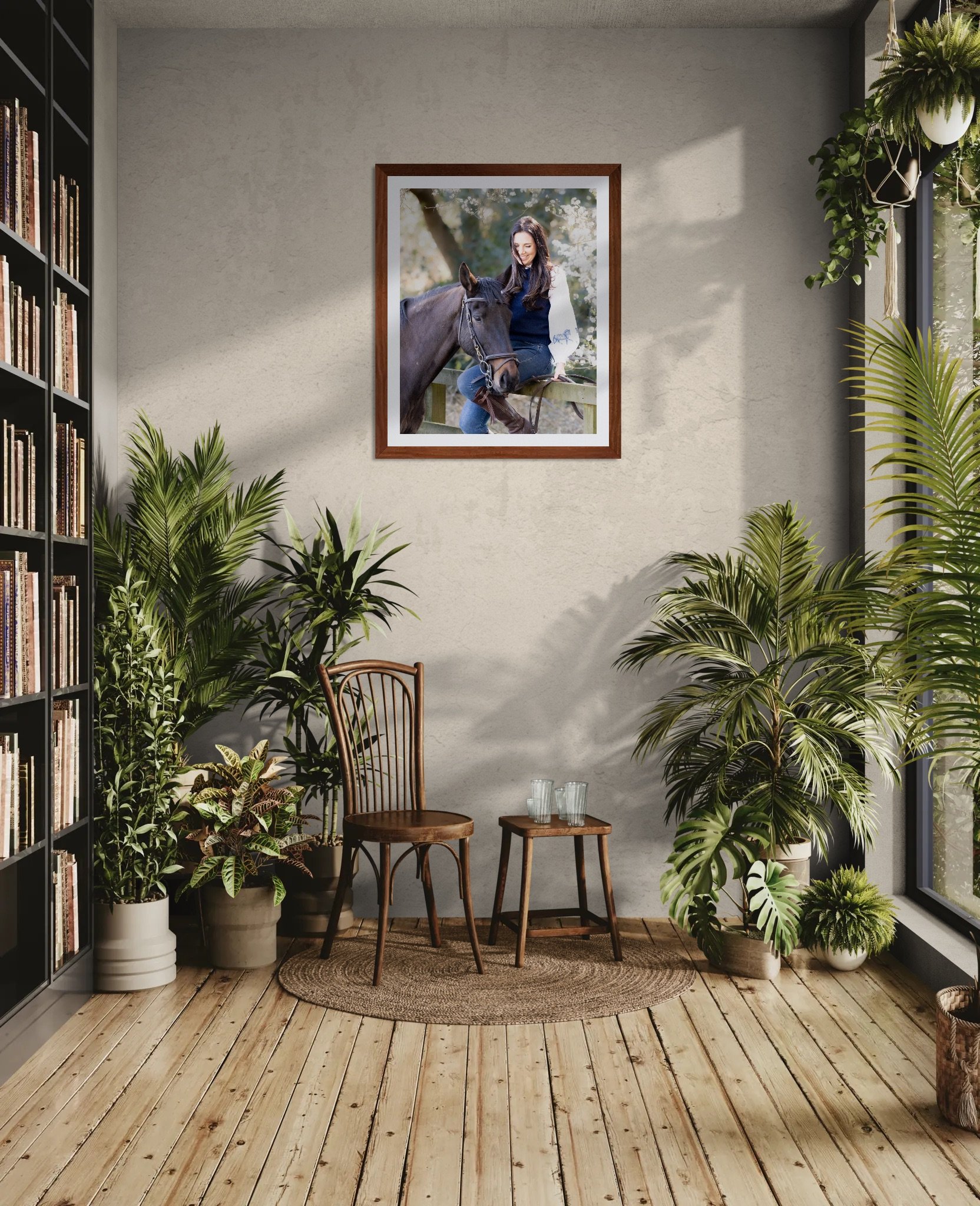 A cozy indoor space with a light gray wall decorated with a framed photo of a woman with a horse. The room has wooden flooring, green potted plants, a wooden chair, and a small wooden table with glasses. Sunlight filters through large windows.