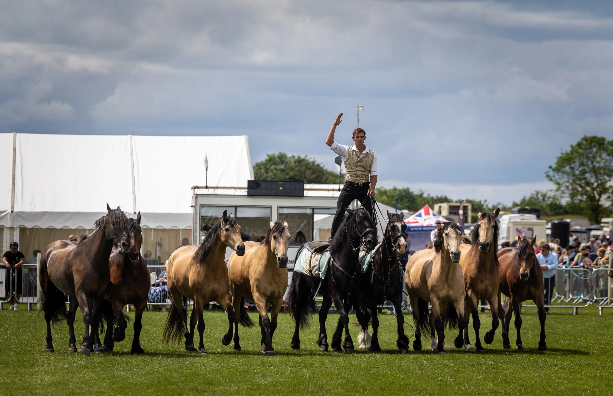 A horse riding show with a man directing a group of horses in an outdoor arena. The man is standing and waving, wearing a vest and white shirt. The arena is surrounded by a crowd and tents, with a cloudy sky above.