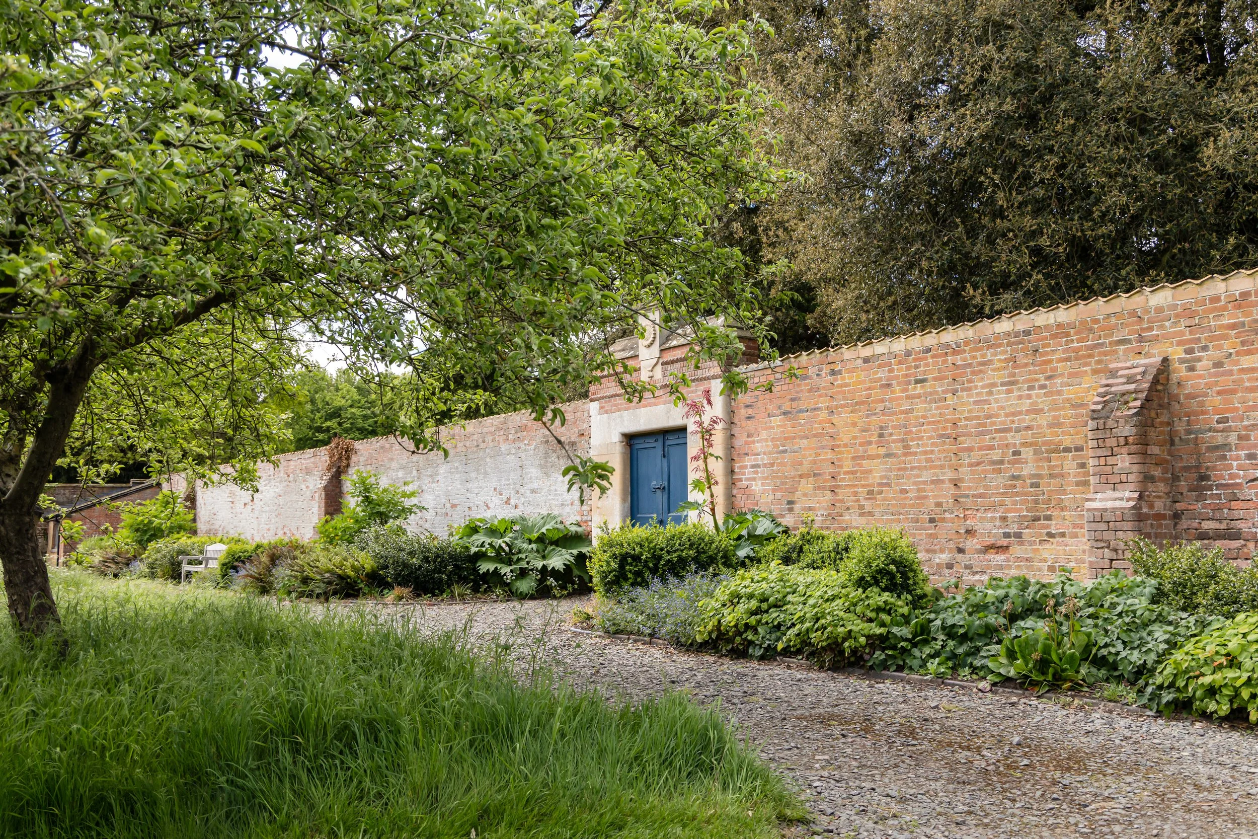 Grimsthorpe Castle - A garden scene with lush green grass, a tree with dense foliage, a brick wall with a blue door, and various plants and shrubs, some in bloom.