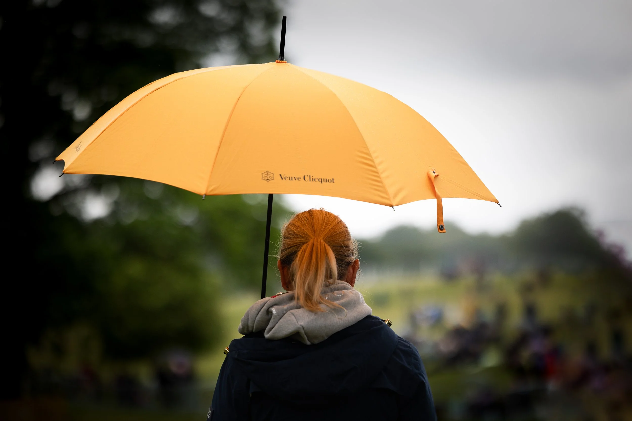 Back view of a person with a gray hoodie and black jacket holding a yellow umbrella with "Veuve Clicquot" logo on it, in an outdoor setting with blurred trees and cloudy sky.