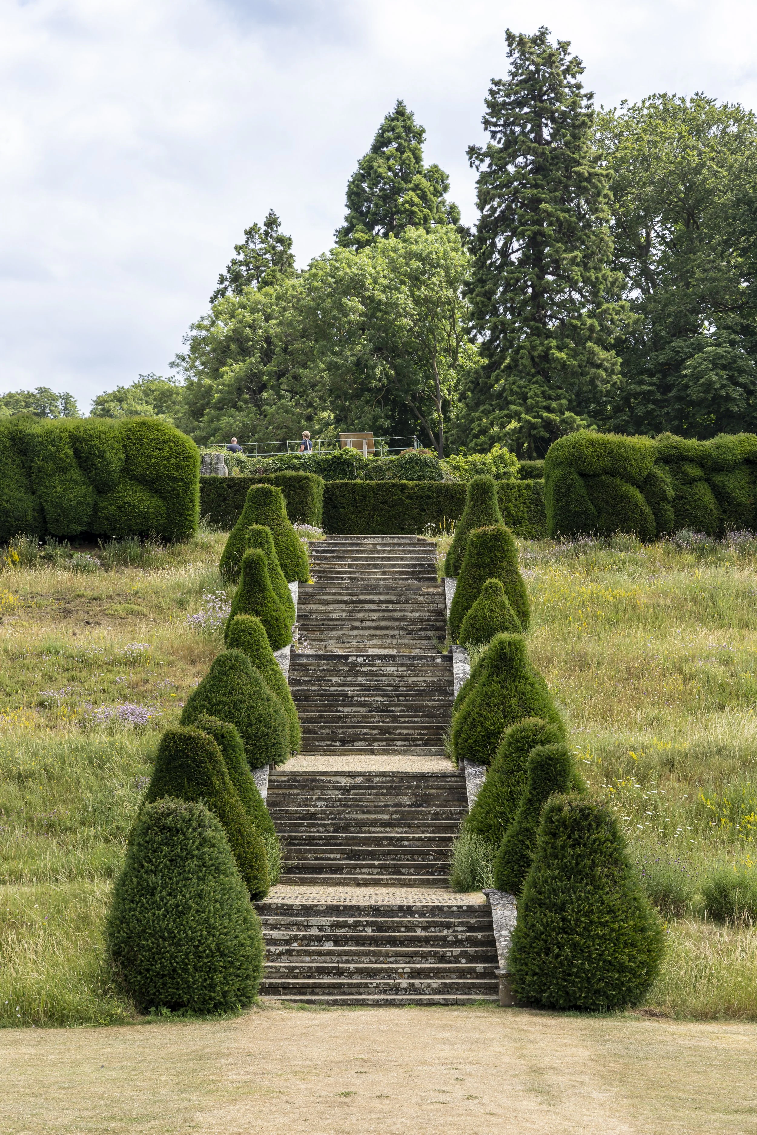 Stone staircase leading up to landscaped garden with trimmed bushes and trees, set against a background of tall trees and a partly cloudy sky.