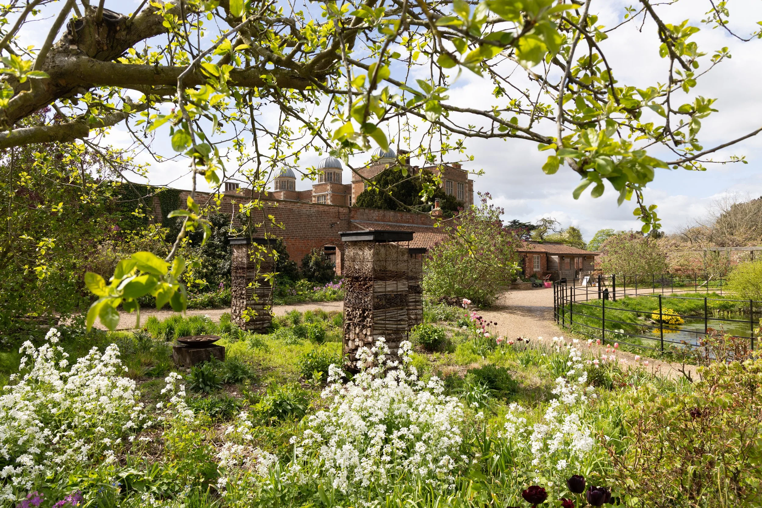 A garden with various blooming flowers and trees, with a brick building and domed towers in the background under a partly cloudy sky.