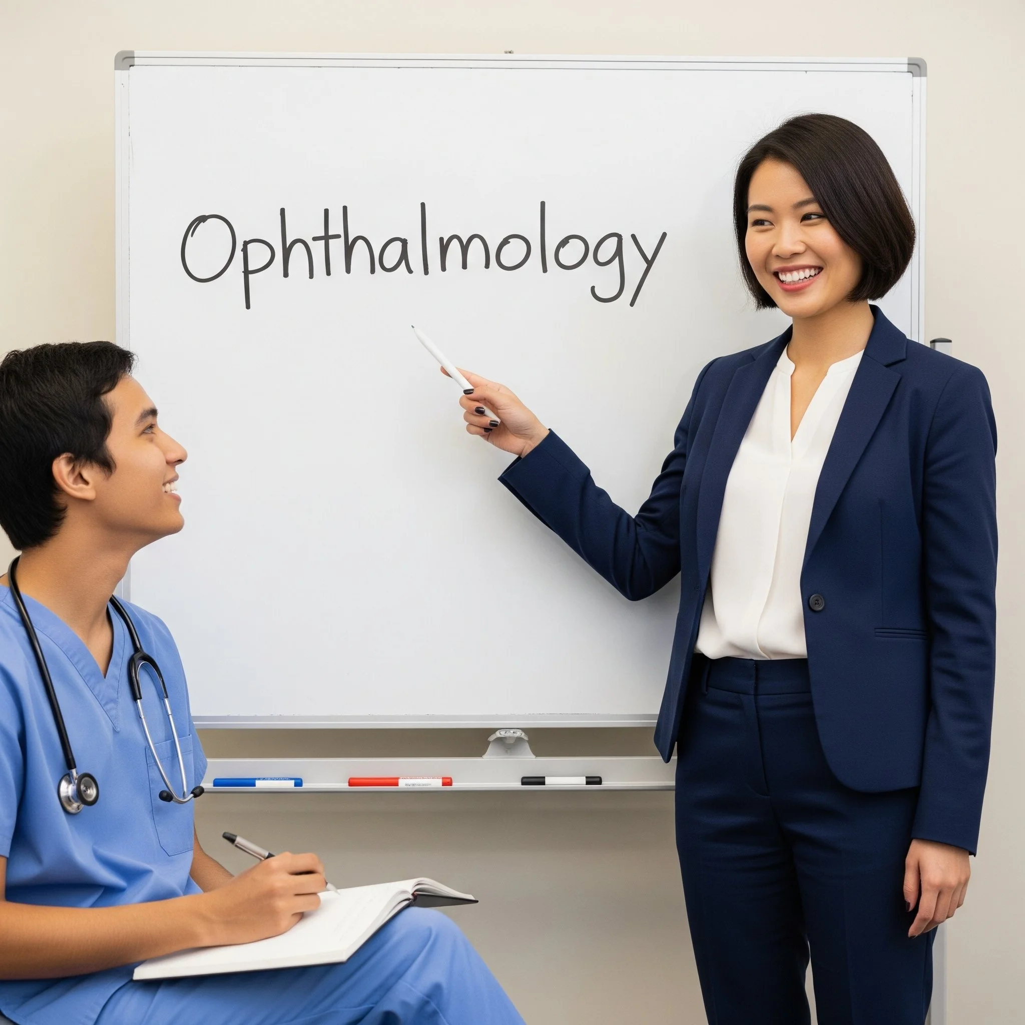 Woman standing in an ophthalmology office, training a new ophthalmic tech.