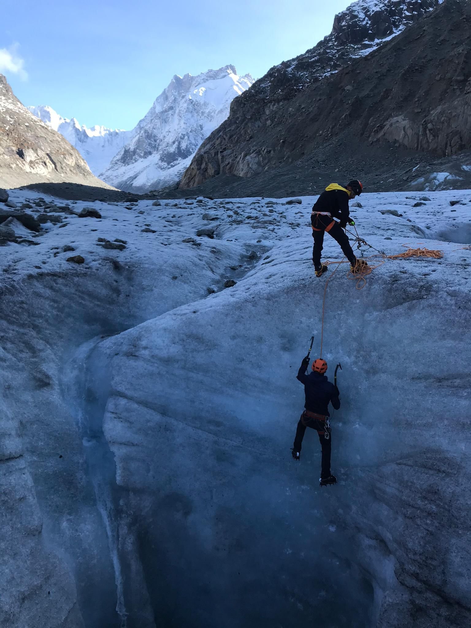 Ice Climbing out of a Crevasse in Chamonix