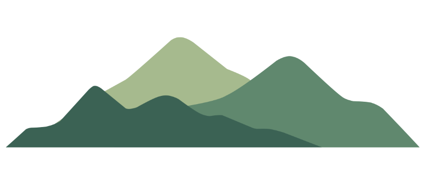 Illustration of three stylized mountain ranges with varying shades of green.