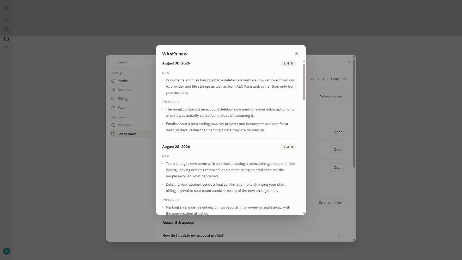 The What's new release notes window in AEC Assistant Settings showing versions 1.4.0 and 1.3.0