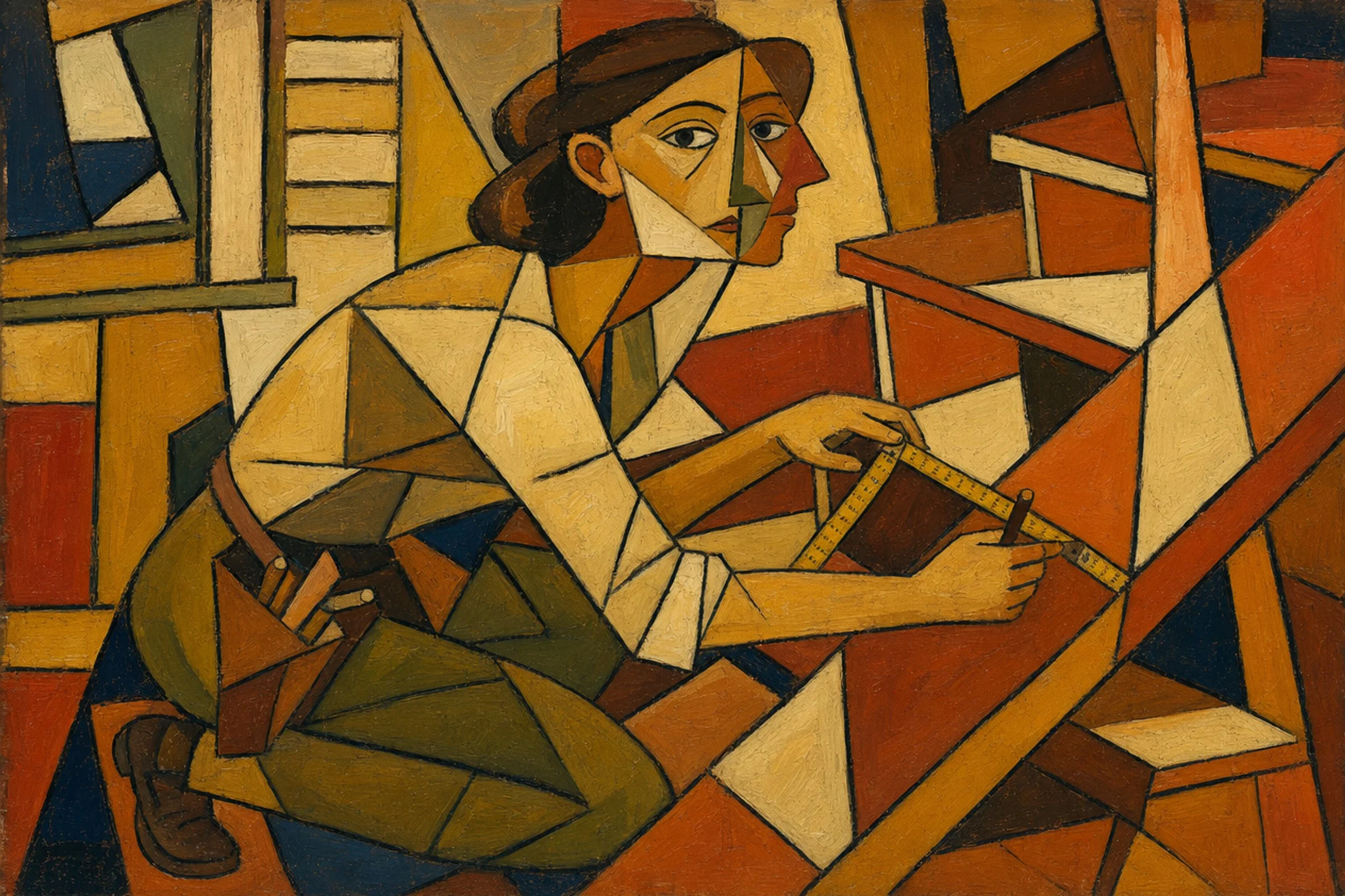 Cubist painting of a carpenter marking a riser on the stringer of a half-built timber staircase
