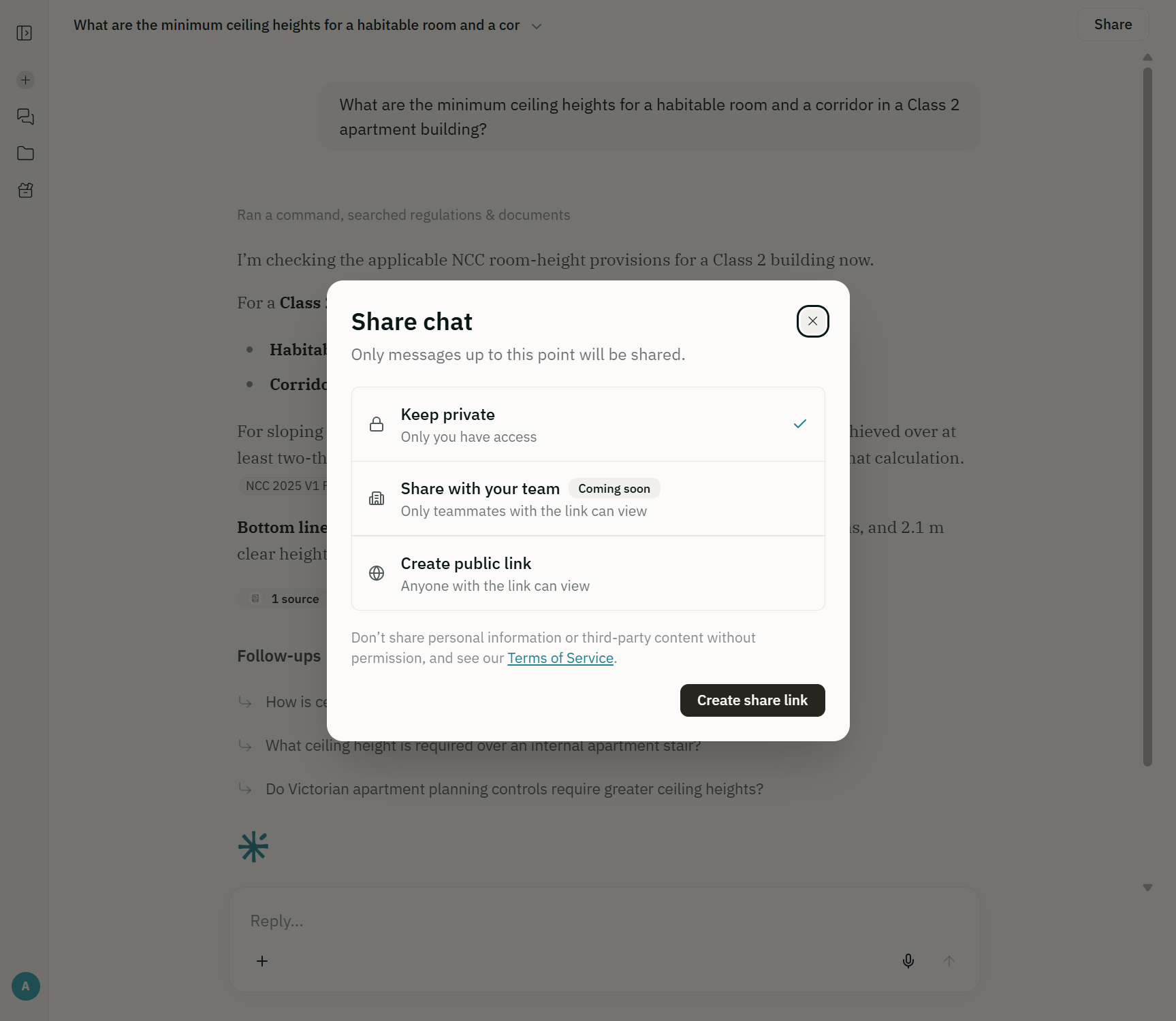 The Share chat dialog in AEC Assistant with the keep private and create public link options