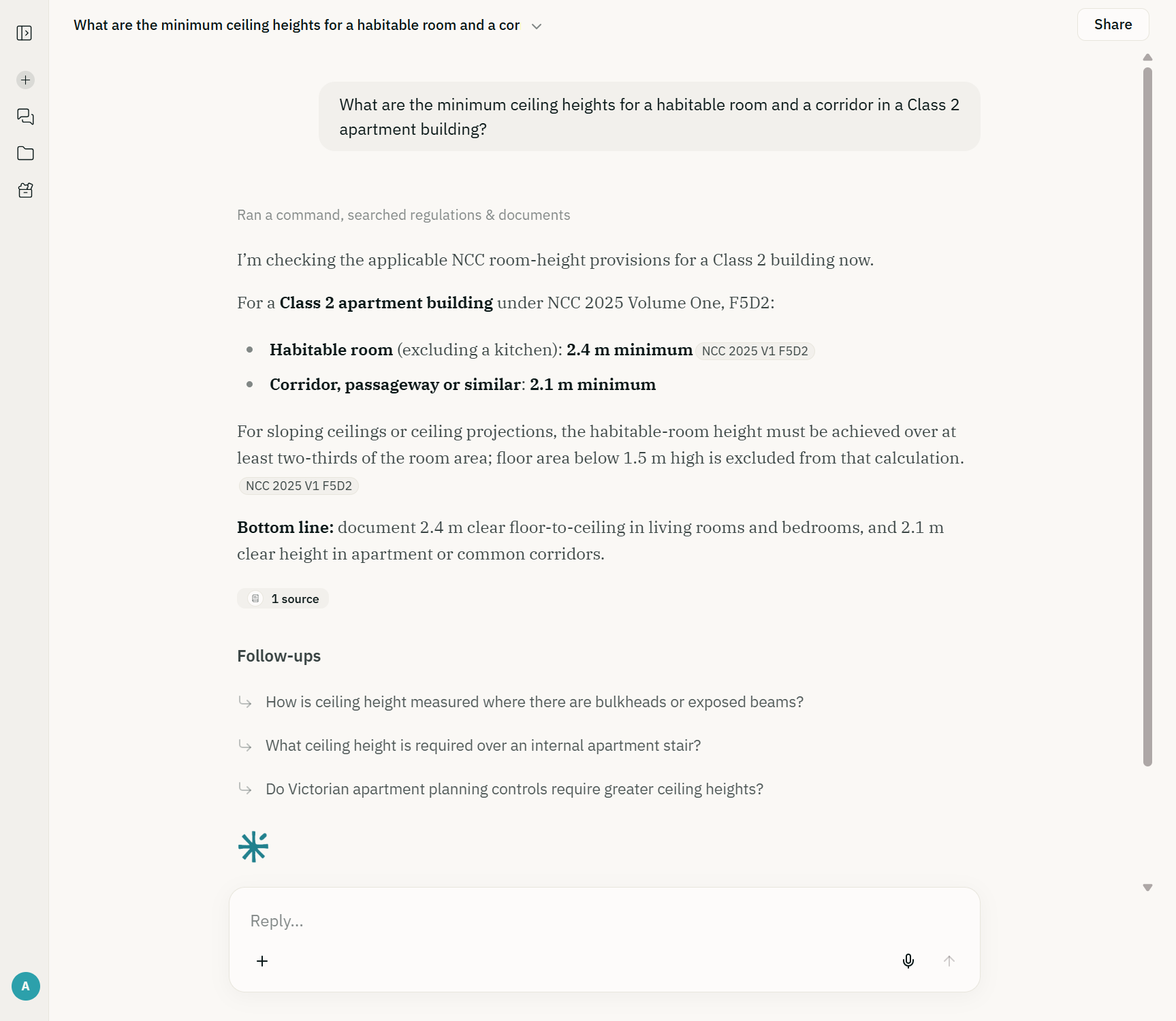 An AEC Assistant answer on minimum ceiling heights for a Class 2 apartment building, citing NCC 2025 Volume One F5D2 with source chips and suggested follow-ups