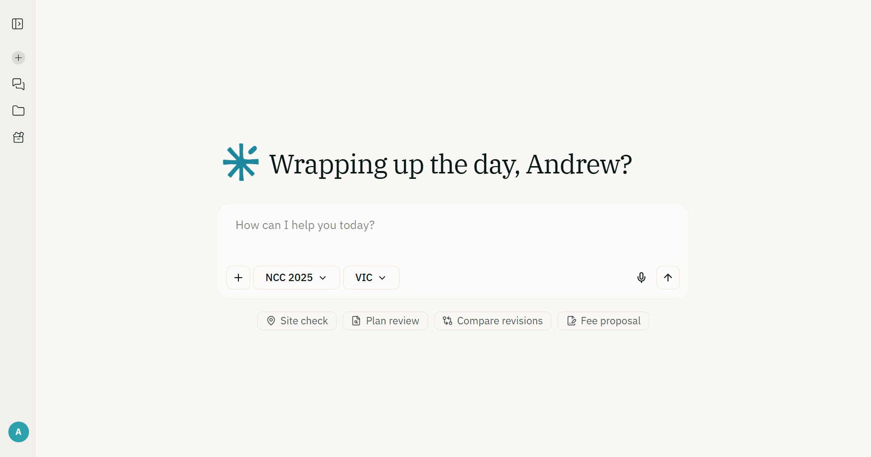 AEC Assistant home screen with the question box, NCC 2025 and VIC selectors, and the Site check, Plan review, Compare revisions and Fee proposal guided actions
