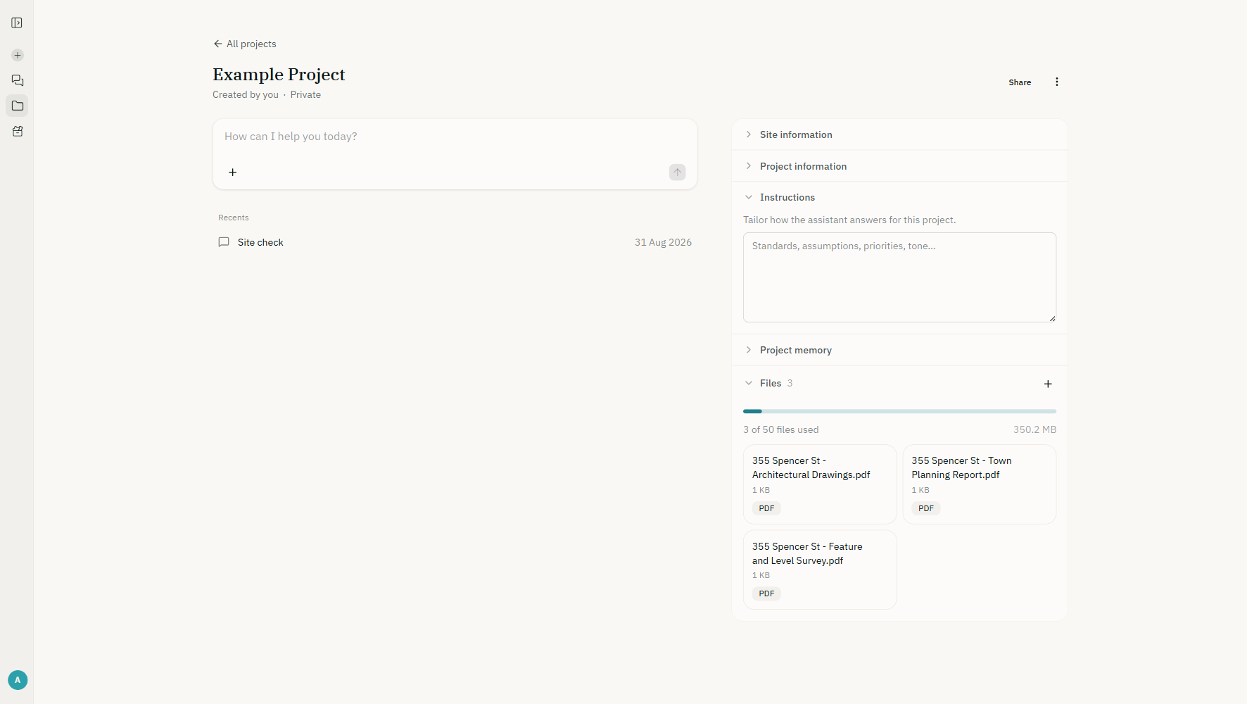 An AEC Assistant project page with instructions, project memory and three uploaded PDF documents