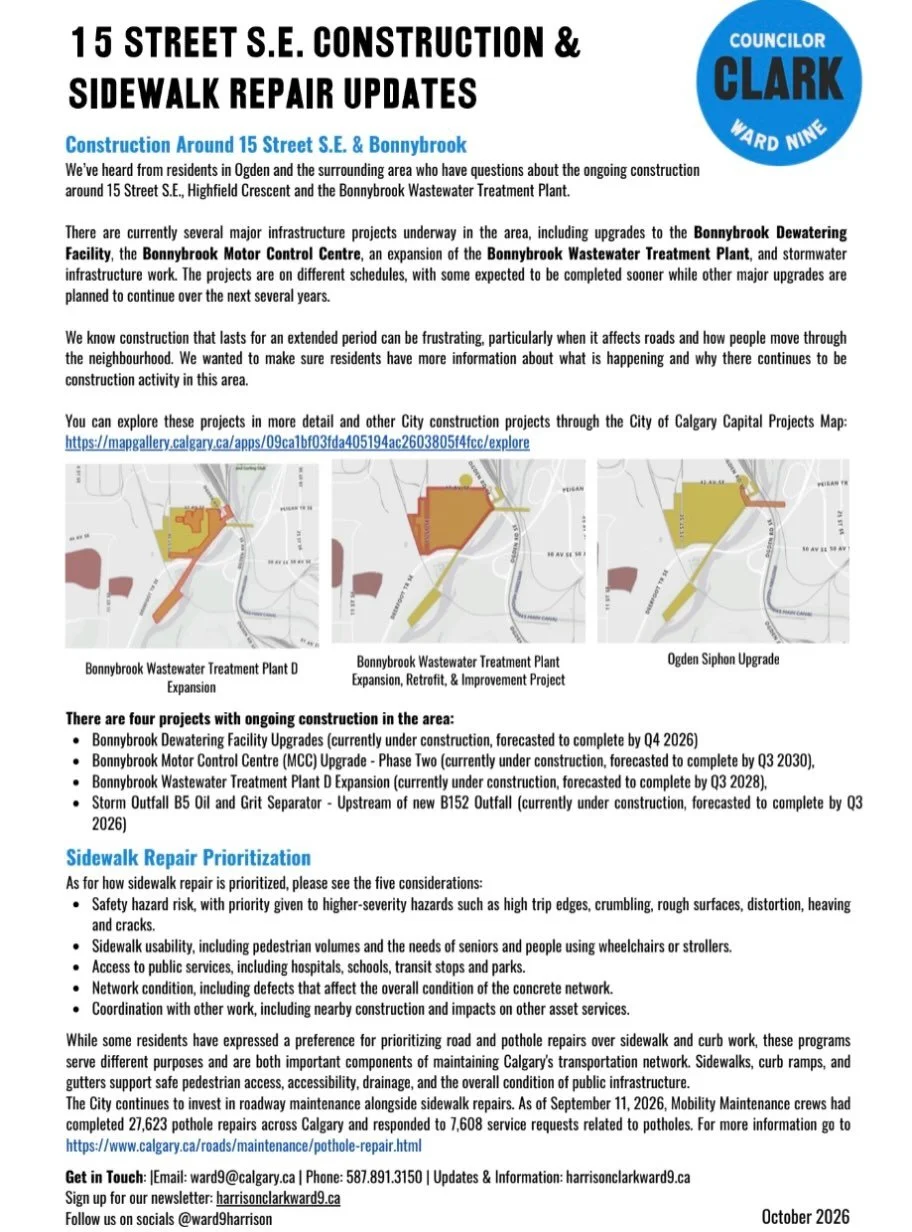 15 Street S.E. &amp; Bonnybrook Construction Update 🚧

We&rsquo;ve been hearing questions from residents about the amount of construction happening around 15 Street S.E., Highfield Crescent and the Bonnybrook Wastewater Treatment Plant.

There isn&r