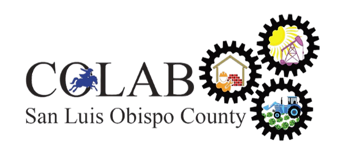 Logo for CLAB San Luis Obispo County featuring a blue bull, a barn, a tractor, and a pig.