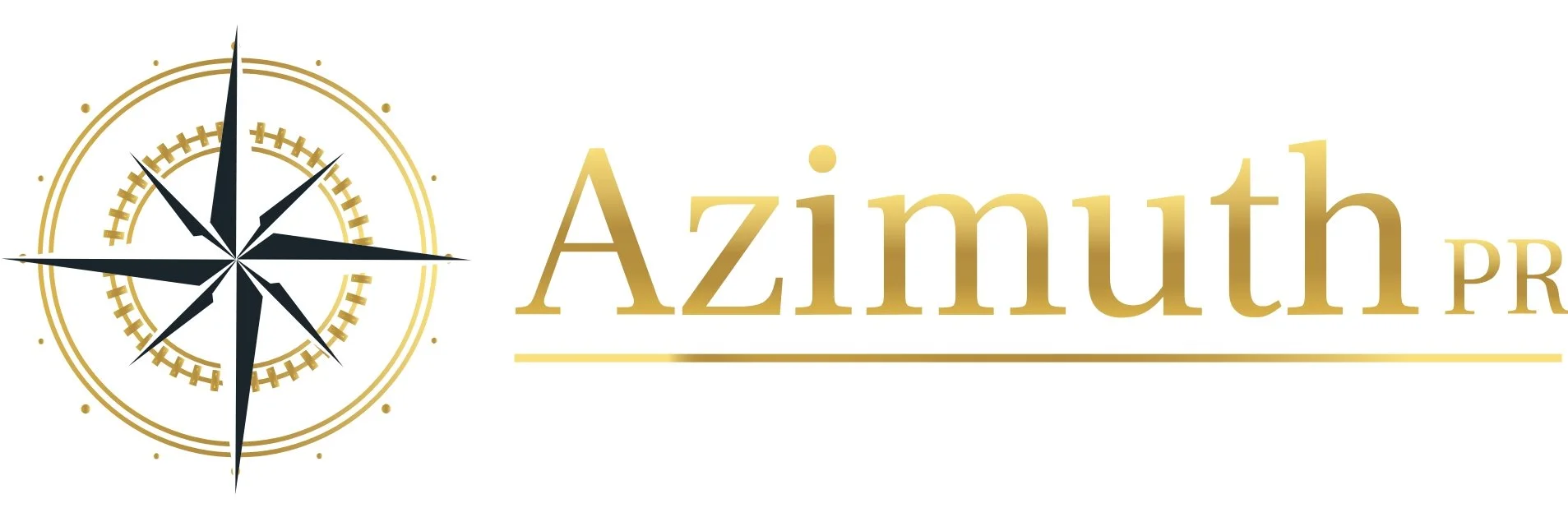 A logo featuring a gold and black compass with the words 'Azimuth PR' in gold text.