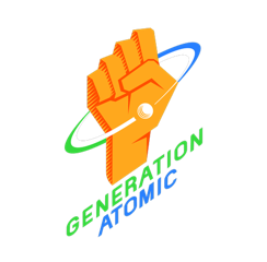 A stylized clenched fist with a cosmic ring around it, with the words 'Generation Atomic' below.