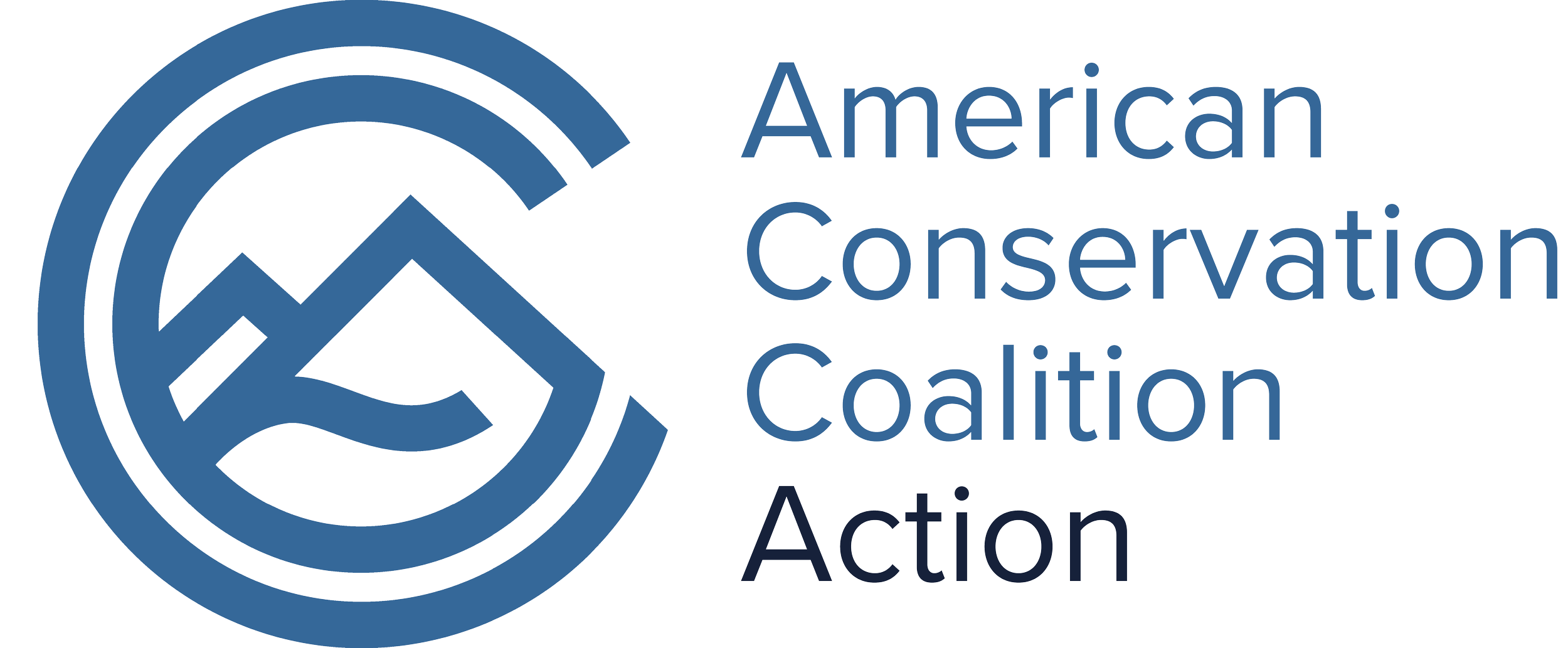 Logo of the American Conservation Coalition featuring a stylized mountain and water wave design in blue, with the organization's name in blue text.