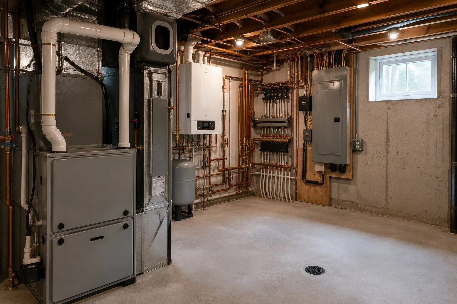 A basement utility room with heating and plumbing equipment, including pipes, boilers, and electrical panels.