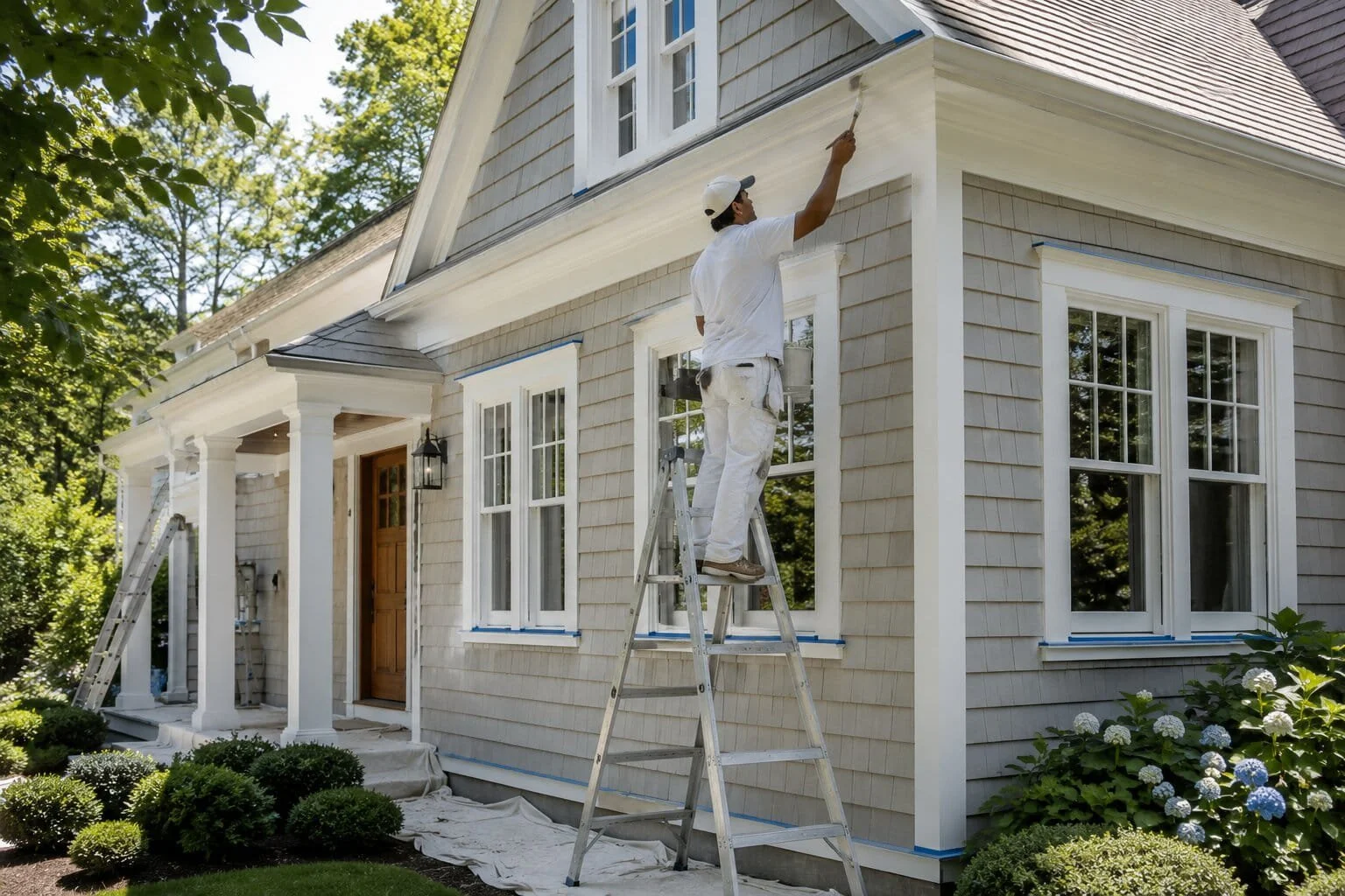 A painter standing on a ladder painting the upper part of a house's exterior wall.