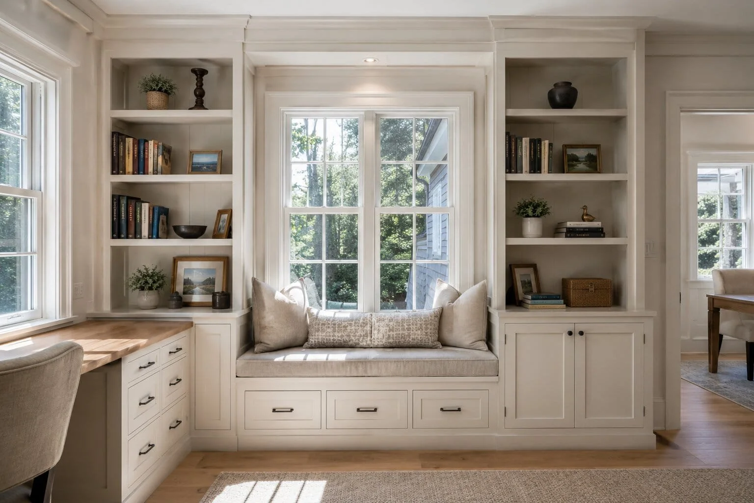 Bright living room with built-in window seat, white cabinetry, and window shelves filled with books and decor, overlooking a sunny garden.