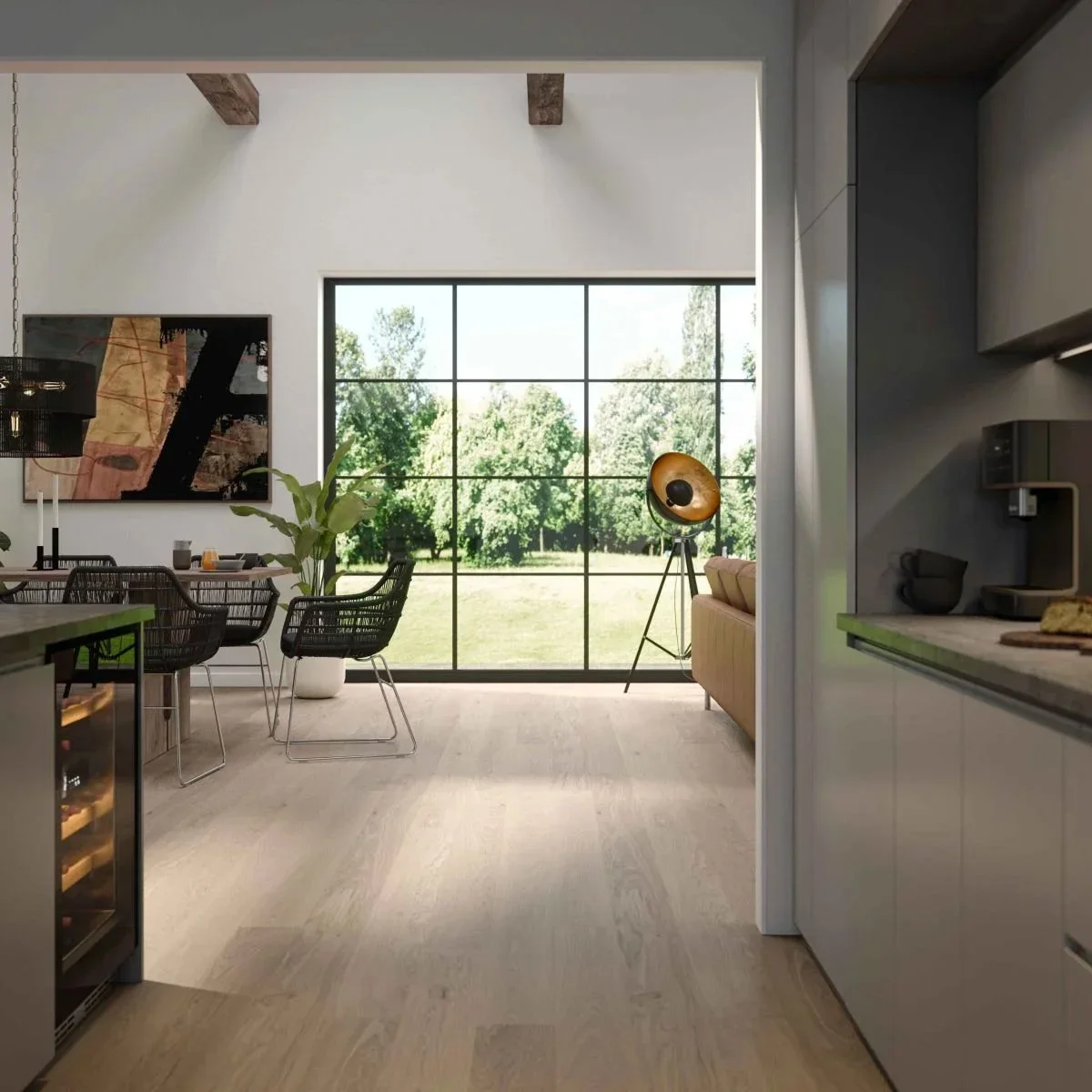 Modern dining and living space with large window overlooking green yard, black dining chairs, abstract art on wall, houseplant, and floor lamp in the corner.