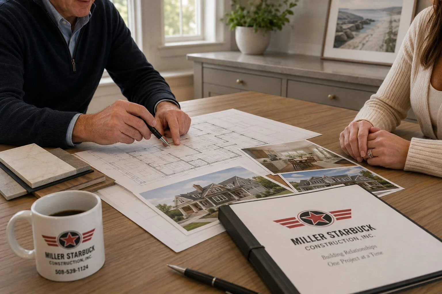 Two people discussing architecture plans for a house at a wooden table with construction documents, color samples, photographs of a house, a coffee mug, and a binder from Miller Starbuck Construction Inc.