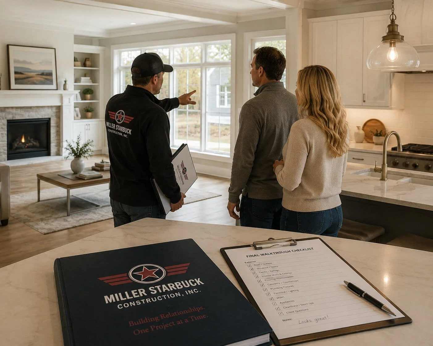 Real estate agent explaining a house to a couple during a walkthrough, with a clipboard and a file on the kitchen counter.