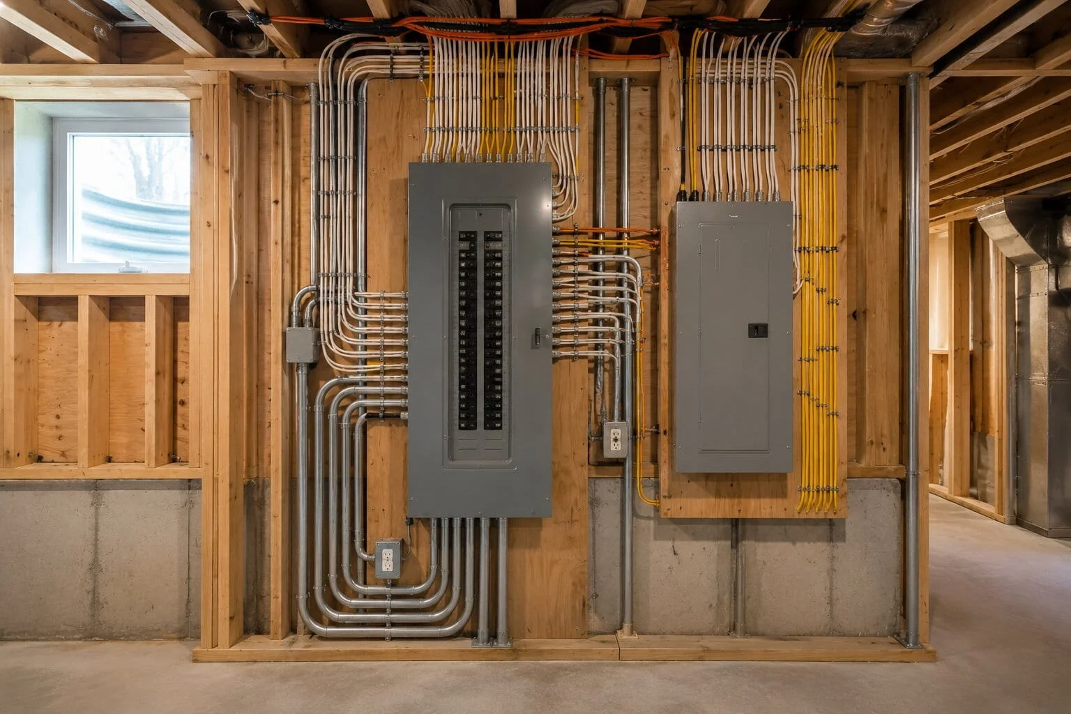 Electrical panel and circuit breakers installed on a wooden wall in a basement, with electrical wiring organized and running vertically and horizontally.