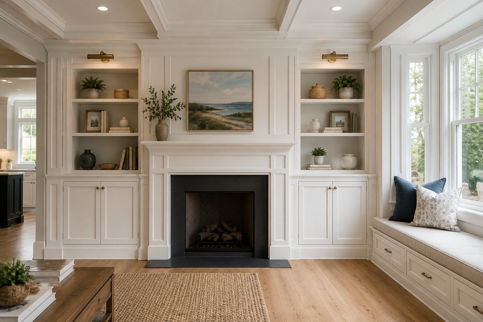 A living room with white built-in bookshelves flanking a decorative fireplace, with framed artwork and potted plants, a window seat with pillows, and natural light coming through large windows.