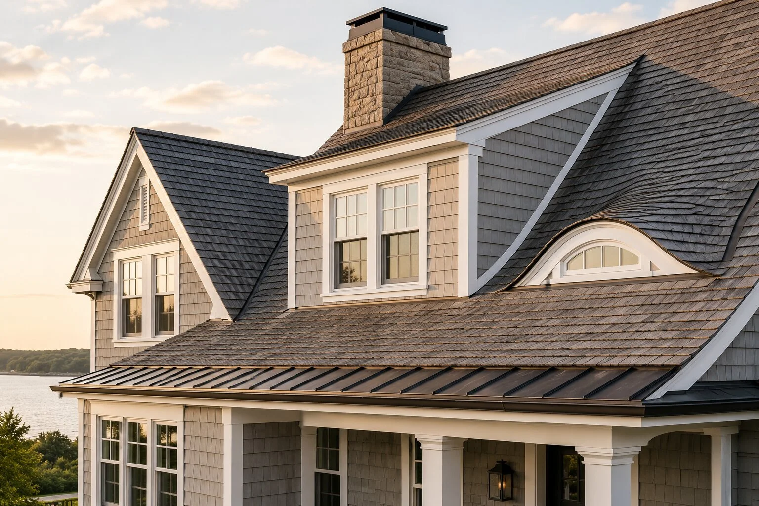 Close-up of a two-story house with a gray shingle roof, dormer window, chimney, and front porch, during sunset.