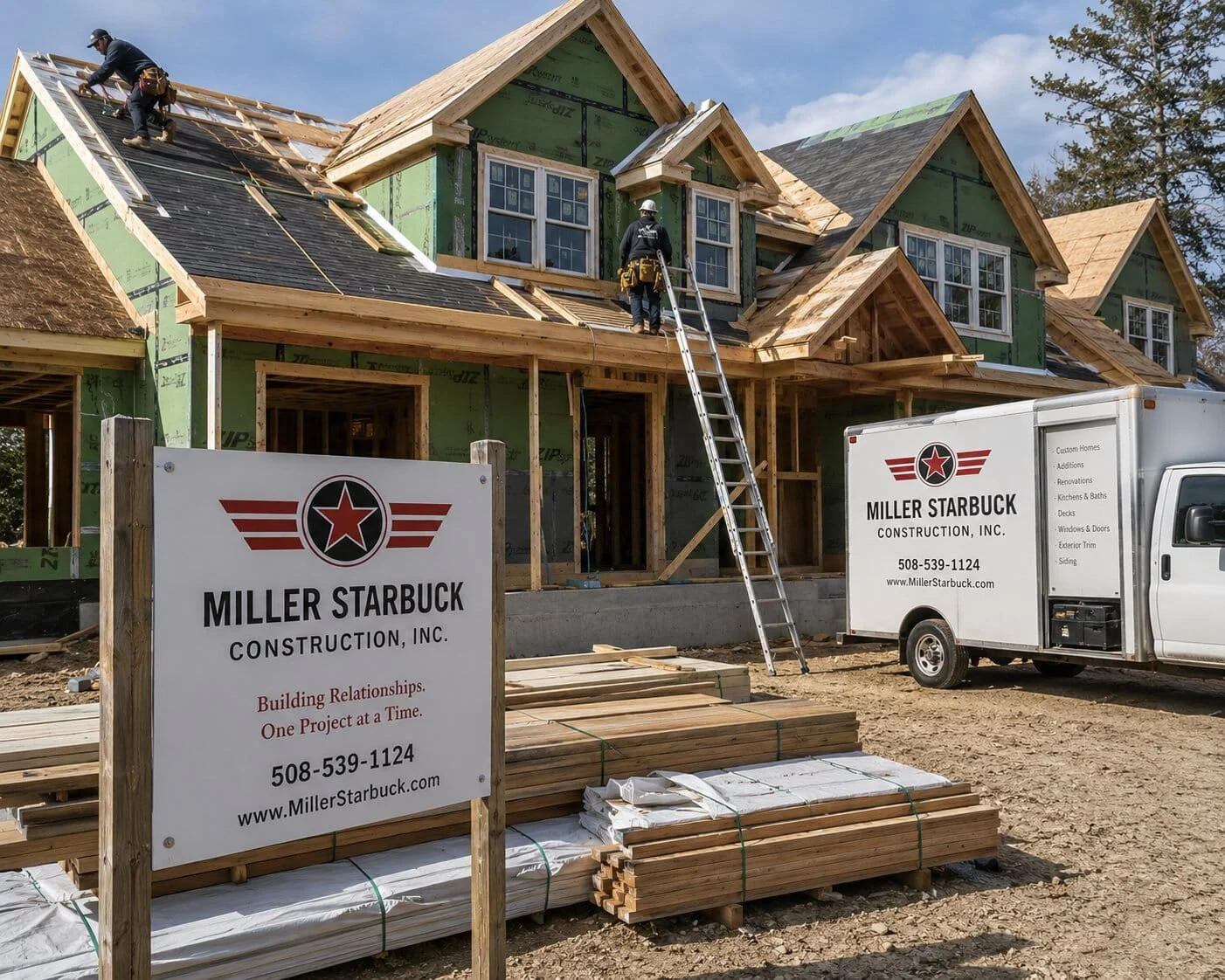 Construction site of a multi-story house with workers installing roofing. Sign for Miller Starbuck Construction, Inc., with tools and building materials in the foreground.