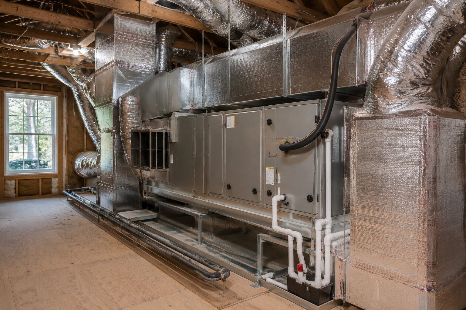 HVAC system with ducts and pipes inside a wooden building room, next to a window.