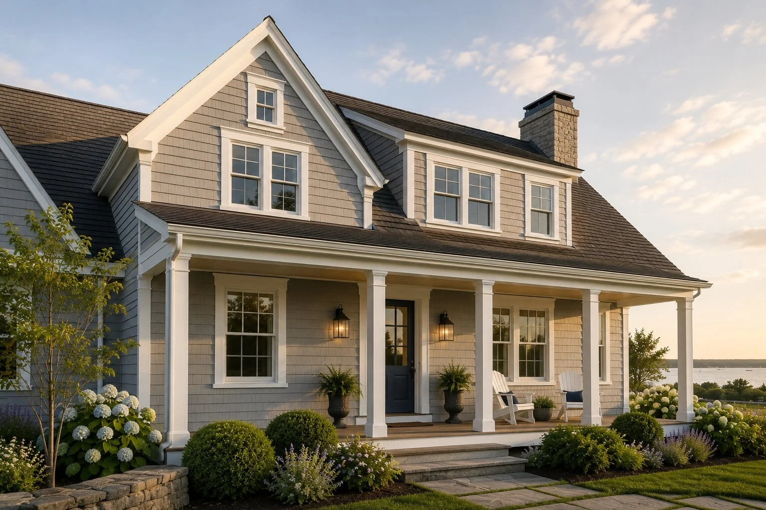 A two-story house with gray exterior siding, a front porch with white columns, black front door, and a garden with green bushes and white flowers, during sunset.