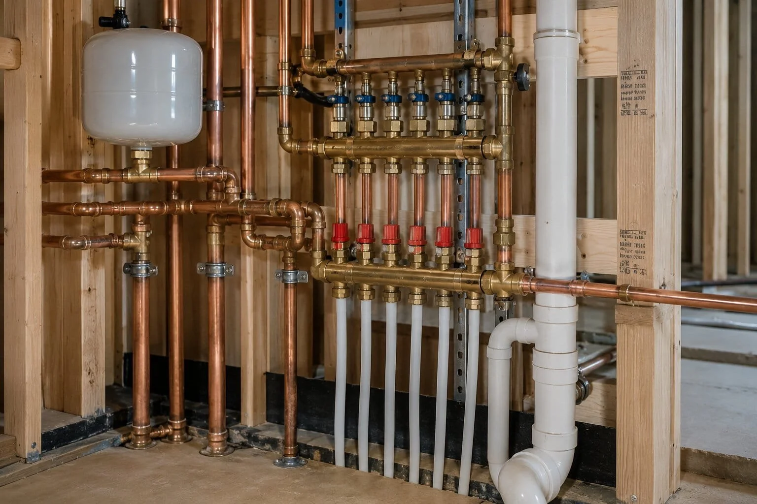 A plumbing rough-in with copper pipes, a water pressure tank, and PVC pipes installed in a building under construction.