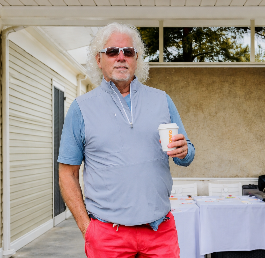 Older man with curly white hair and sunglasses holding a coffee cup, standing outdoors near a table with items, wearing a blue short-sleeve shirt and red shorts.