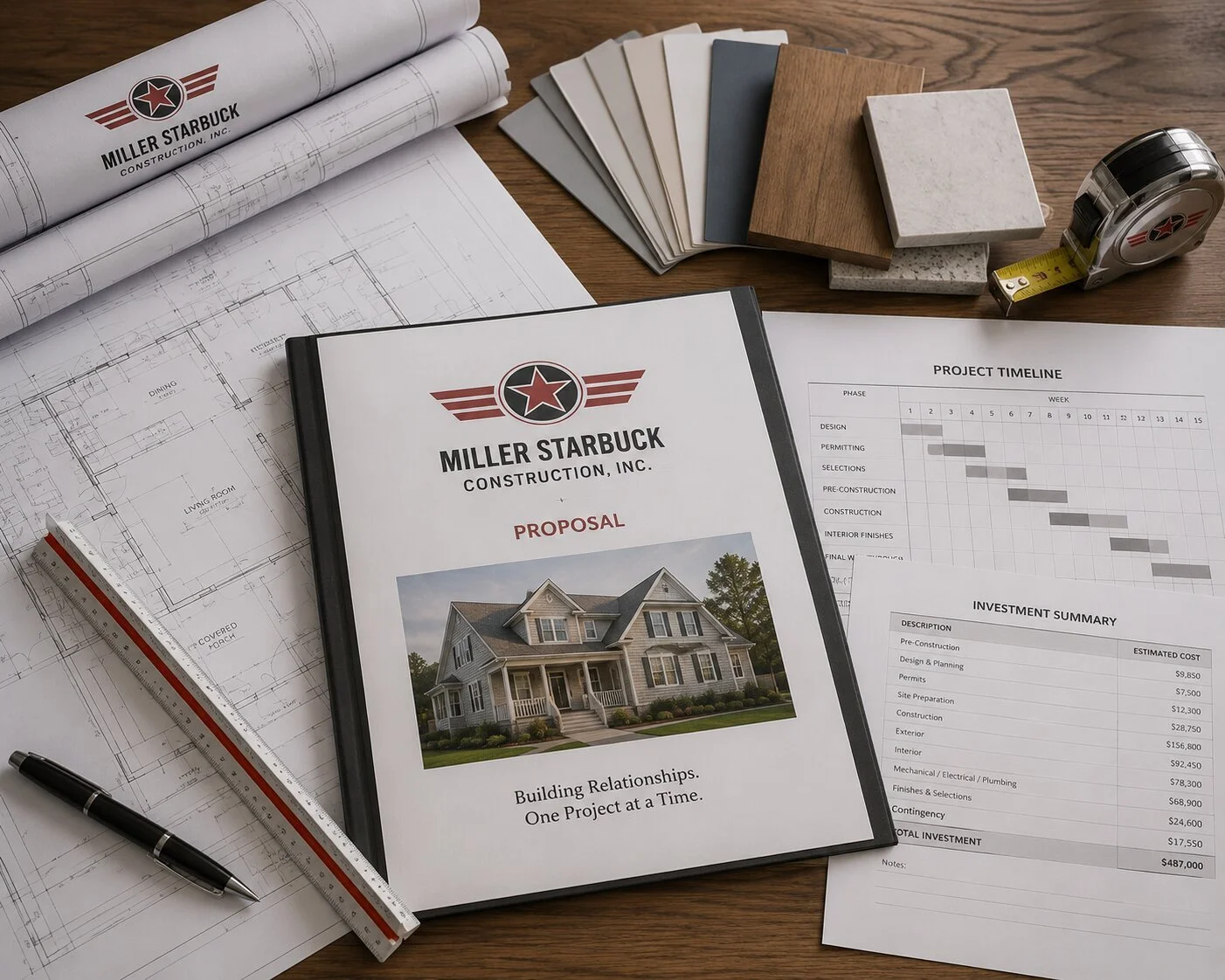 Construction proposal documents, blueprints, sample materials, a tape measure, and a pen on a wooden table.