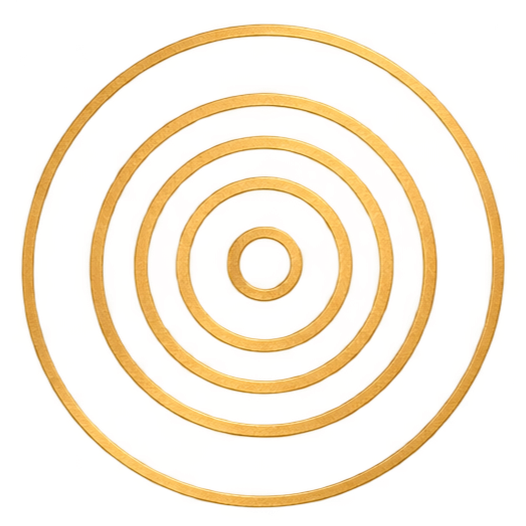 A series of concentric metal rings stacked in increasing size on a yellow background.